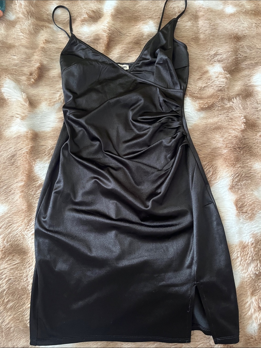 Inspired Hearts Black Satin Mini Dress with Side Ruching - Picture 3 of 5